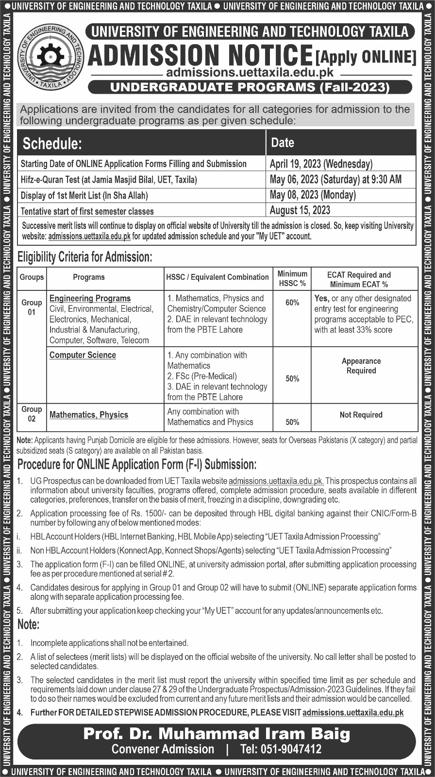 UET TAxila Admission Schedule Fall 2023 Under Graduate Programs